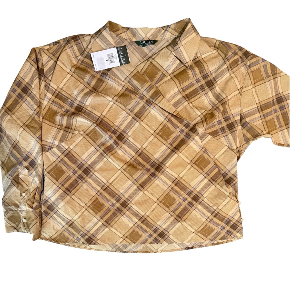 Lauren Ralph Lauren Tan and Brown Plaid Lightweight Wrap Blouse 1X
